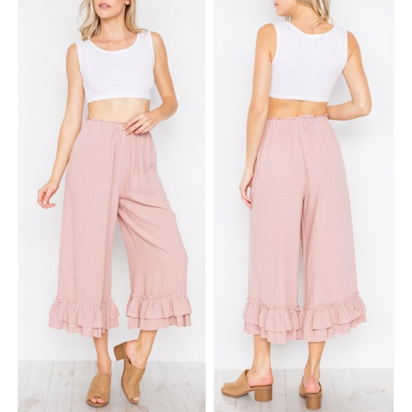 Last☝️Linen/Cotton Ruffle High Waist Culotte Pants - Picture 3 of 8
